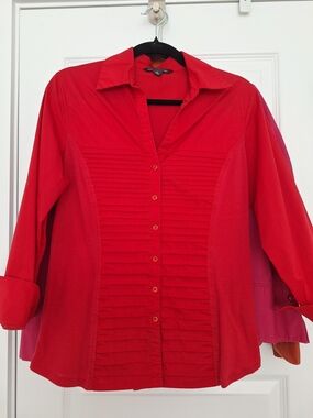 Zac & Rachel Red Button-Front Pleated, Flattering Tapered Waist Women’s Shirt